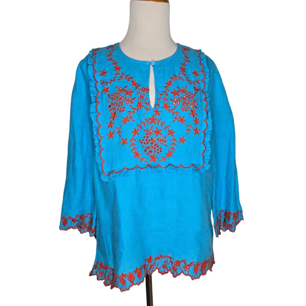 J Crew Womens Linen Embroidered Boho Tunic Size XS Eyelet Scalloped Resort Blue